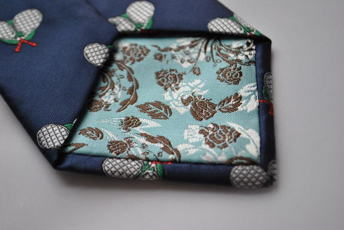 navy tie with tennis racket embroidered design