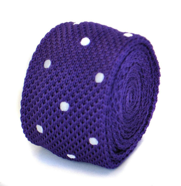 cadbury purple skinny knitted tie with white polka dots