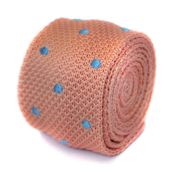 pale pink skinny knitted tie with light blue polka dots