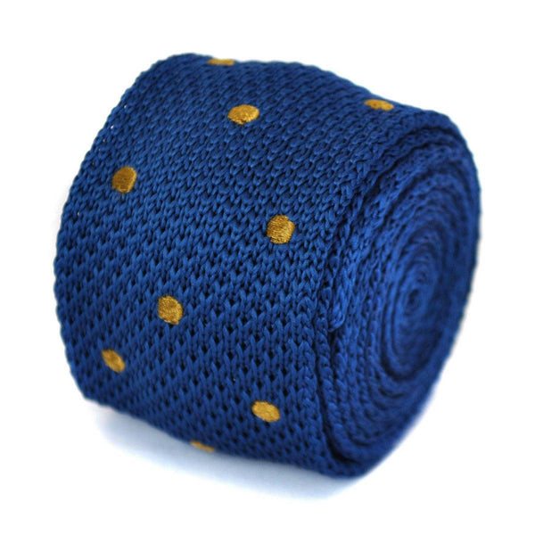 navy blue skinny knitted tie with brown polka dots