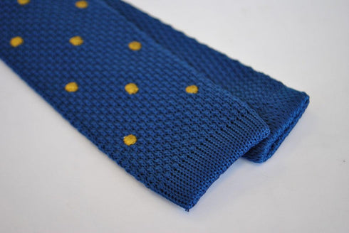navy blue skinny knitted tie with brown polka dots