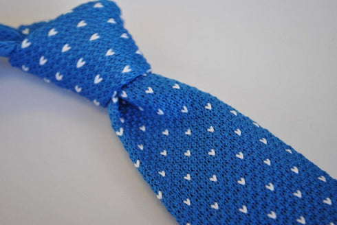 bright royal blue skinny knitted tie with white polka dots