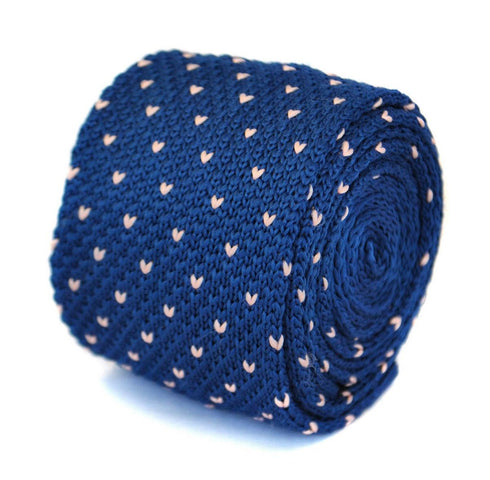 navy blue skinny knitted tie with pink polka dots