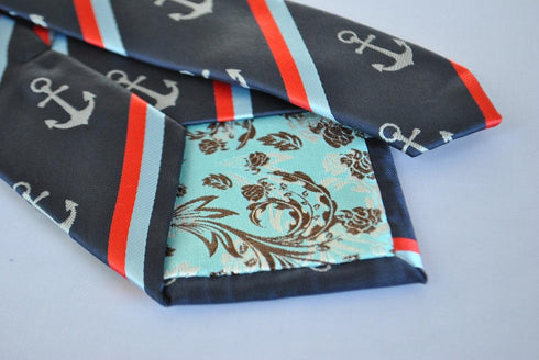 navy tie with striped anchor design