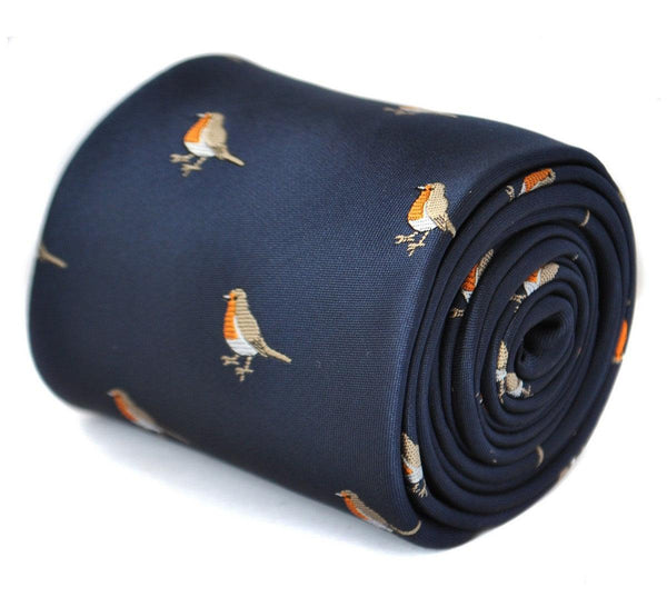 navy tie with embroidered robin design