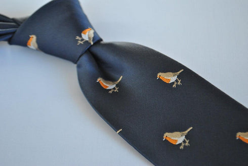 navy tie with embroidered robin design