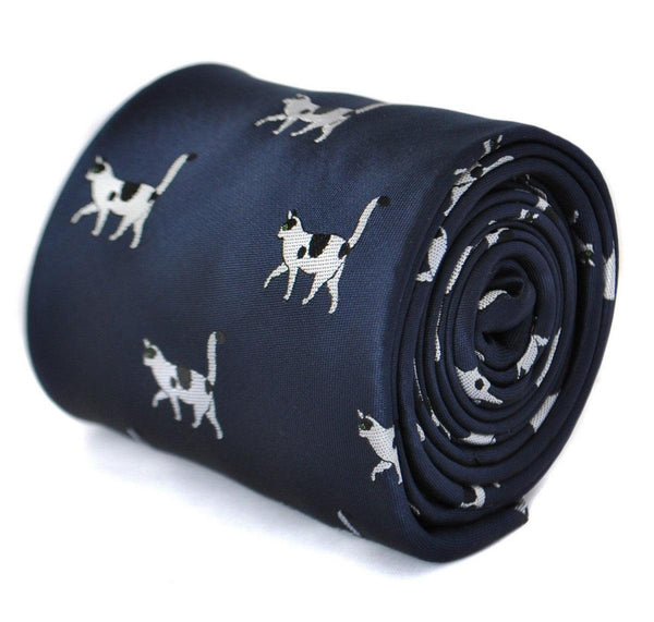 navy tie with black and white cat design