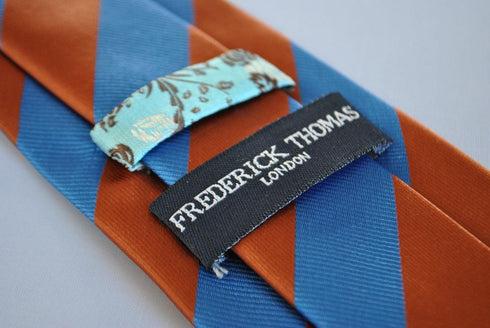 chocolate brown and royal blue barber striped tie