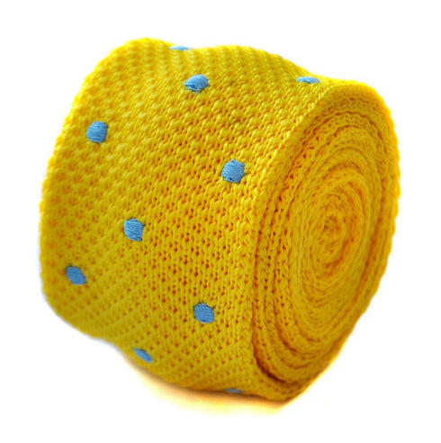yellow skinny knitted tie with light blue polka dots