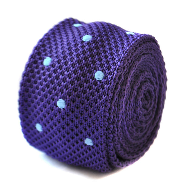 skinny knitted cadbury purple tie with light blue polka dots