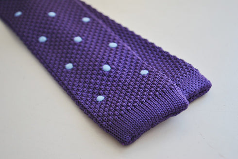 skinny knitted cadbury purple tie with light blue polka dots