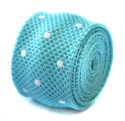 turquoise blue skinny knitted tie with white polka dots
