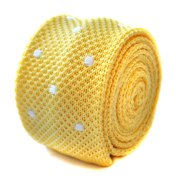 yellow lemon skinny knitted tie with white polka dots
