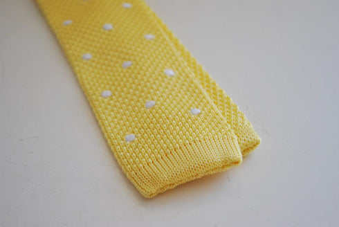 yellow lemon skinny knitted tie with white polka dots