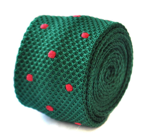 dark green skinny knitted tie with red polka dots