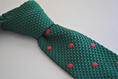 dark green skinny knitted tie with red polka dots