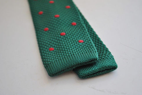 dark green skinny knitted tie with red polka dots