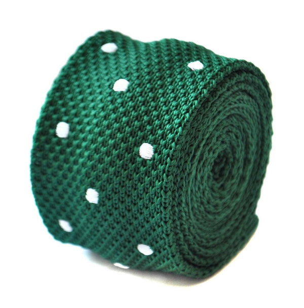 emerald green skinny knitted tie with white polka dots