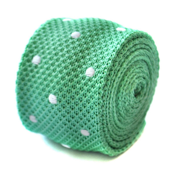 mint green skinny knitted tie with white polka dots
