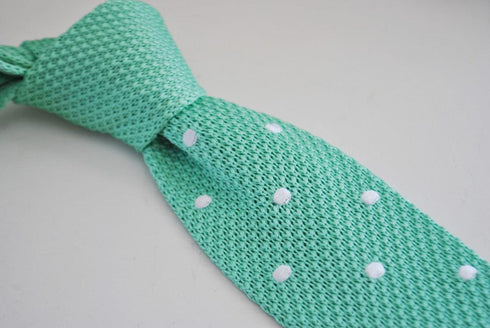 mint green skinny knitted tie with white polka dots