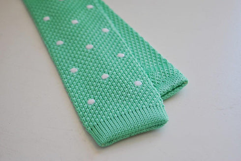 mint green skinny knitted tie with white polka dots