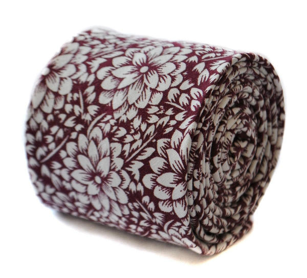 cotton maroon red tie with white floral design