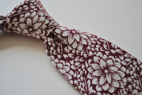 cotton maroon red tie with white floral design