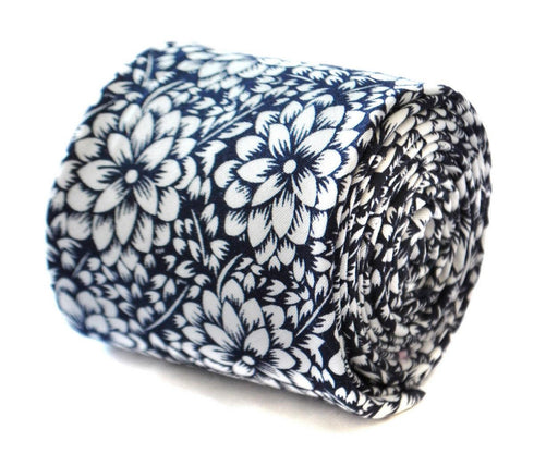 skinny linen navy blue tie with white floral design