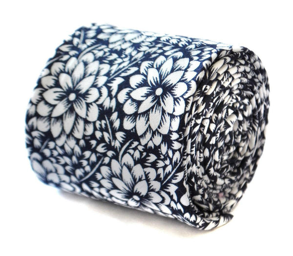 skinny linen navy blue tie with white floral design