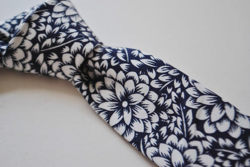 skinny linen navy blue tie with white floral design