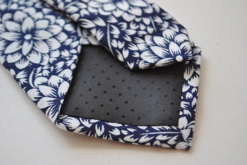 skinny linen navy blue tie with white floral design