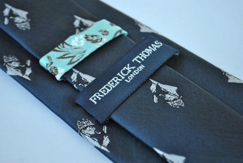 navy tie with sherlock holmes design