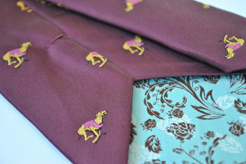 maroon tie with racing greyhound dog print design
