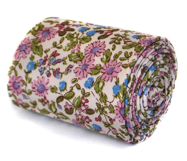 skinny cream and lilac purple floral cotton tie