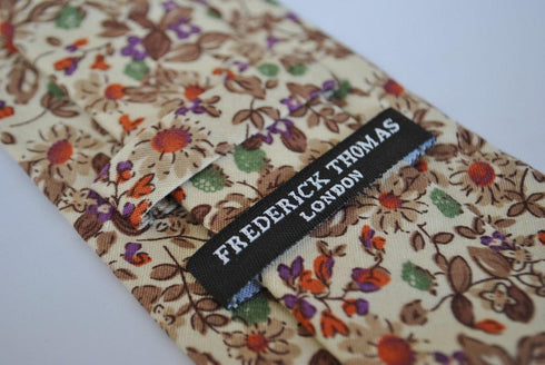 skinny cotton tie with ivory cream and brown floral design