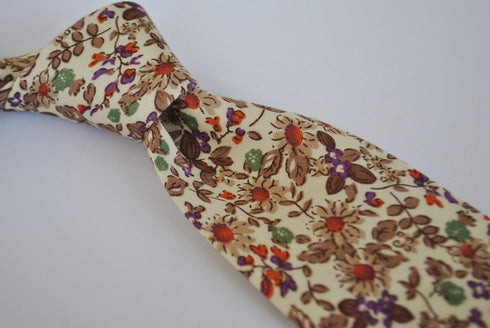 skinny cotton tie with ivory cream and brown floral design