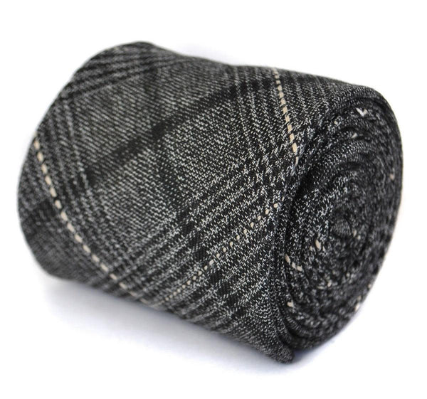 black and grey check tweed wool slim tie