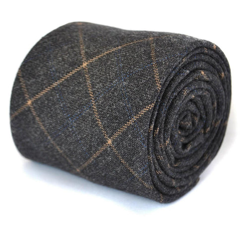 charcoal grey orange check tweed wool skinny tie