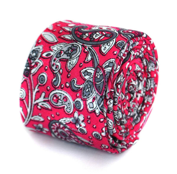 skinny cotton tie with bright pink floral and paisley design