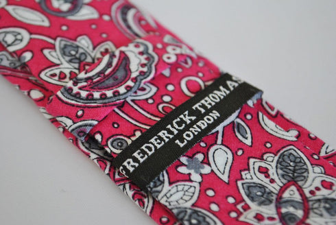 skinny cotton tie with bright pink floral and paisley design