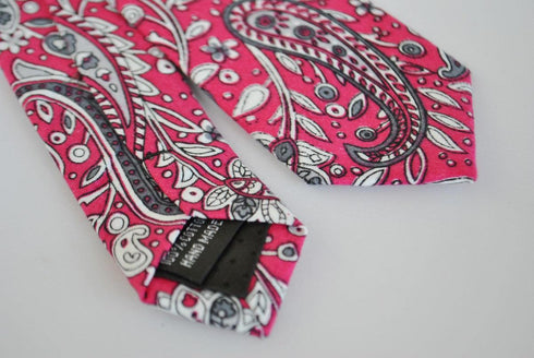 skinny cotton tie with bright pink floral and paisley design