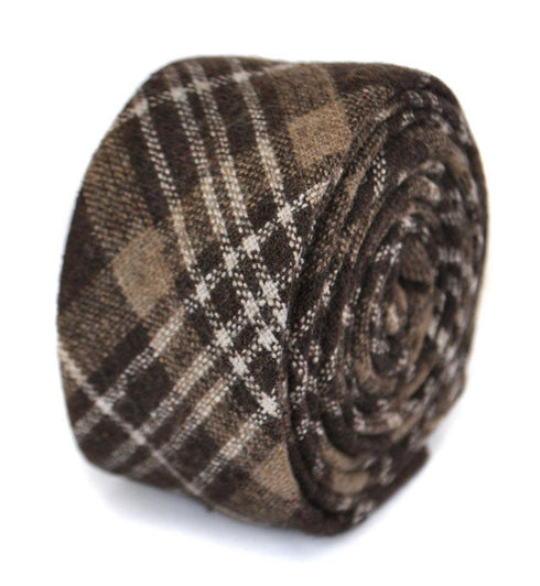 skinny brown & white check tartan tweed wool tie