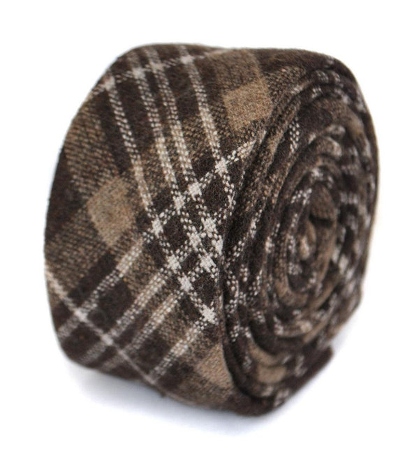 skinny brown & white check tartan tweed wool tie