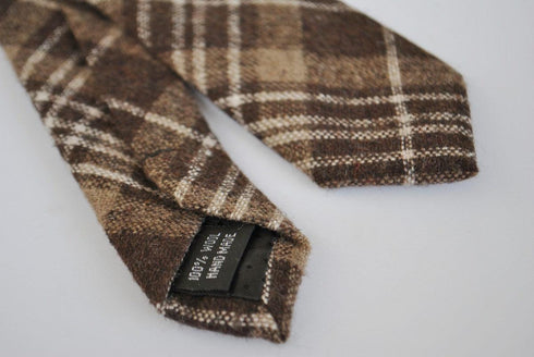 skinny brown & white check tartan tweed wool tie