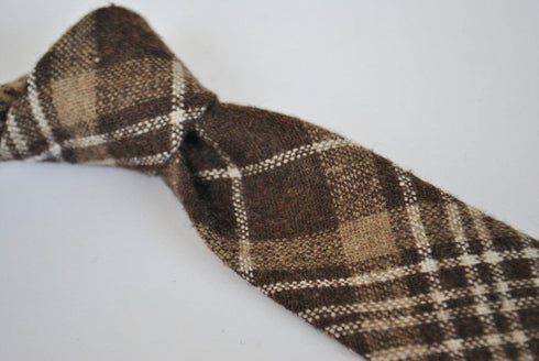 skinny brown & white check tartan tweed wool tie