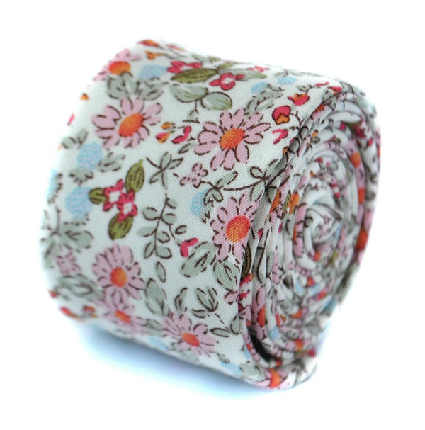 skinny ivory cream cotton tie with pink floral design