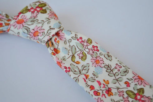 skinny ivory cream cotton tie with pink floral design