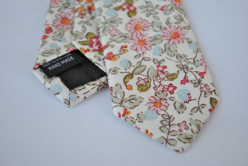 skinny ivory cream cotton tie with pink floral design