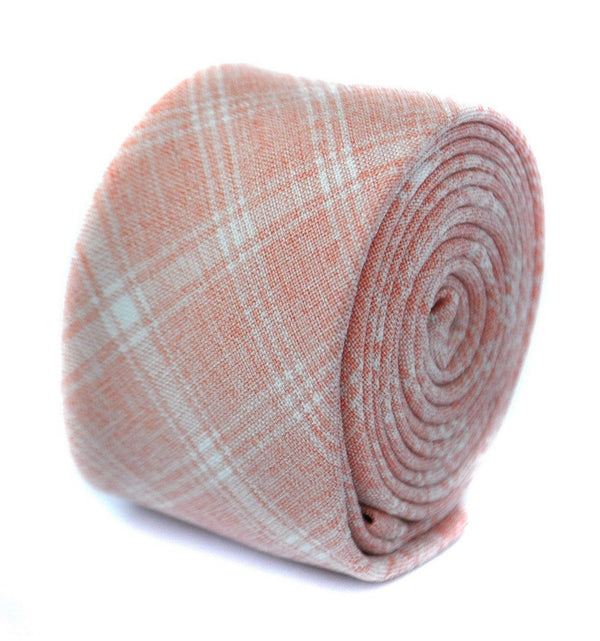 skinny peach orange and white check linen tie
