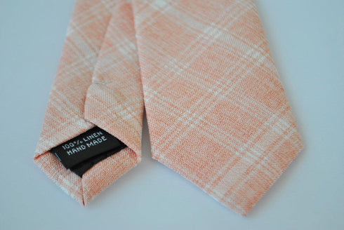skinny peach orange and white check linen tie
